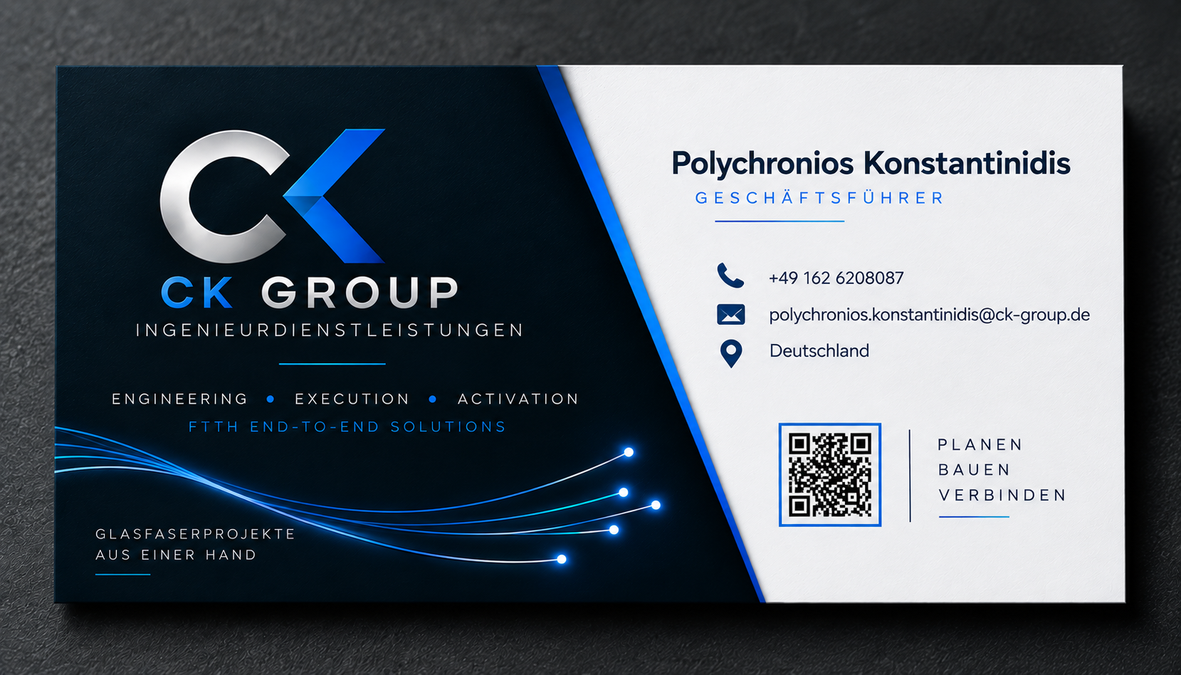 CK Group Visitenkarte mit Kontaktdaten und FTTH-End-to-End-Positionierung